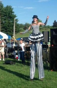 stafford springs summer fest with Lady Blaze on stilts, black and white stripes